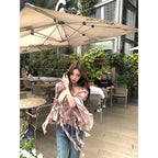 Printed Bay Sleeve Waist-tight Silk Craft Chiffon Blouses For Women