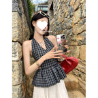 Retro Plaid V-neck Lace-up Halter Sleeveless Shirt