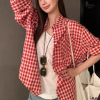 Red Plaid Shirt Cardigan Women's Long Sleeve Jacket