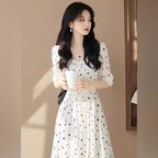 Fashion Polka-dot Cinched French Style Temperament Slimming Mid-length Dress