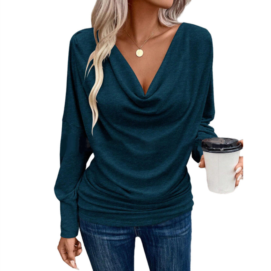 Women's V-neck Pile Collar Solid Color Knitted Long Sleeve Loose T-shirt