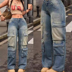 Retro Nostalgic Washed Multi-pocket Cargo Pants Straight Jeans