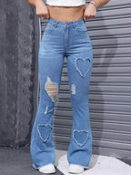 Washed Casual Heart-shaped Ripped Stretch Flared Jeans